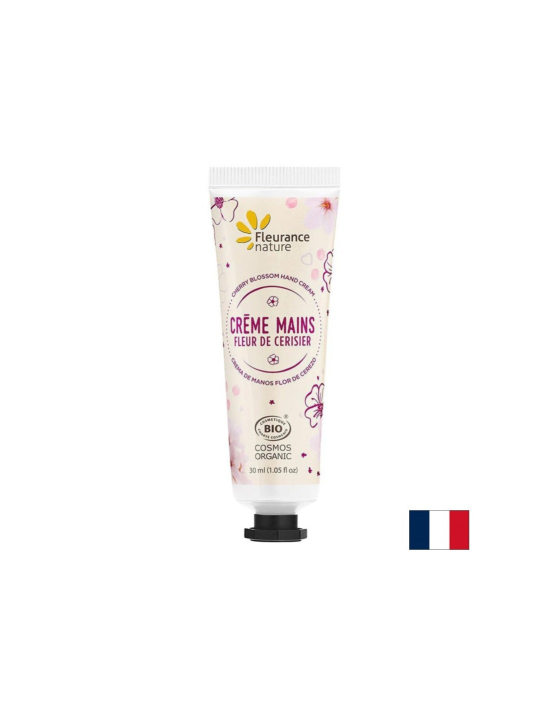 Crème à la main avec extrait de fleurs de cerisier, beurre de karité et aloe vera, 30 ml de nature floute