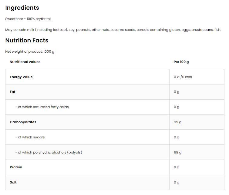 Érythritol/sucre sans sucre - 1000 grammes