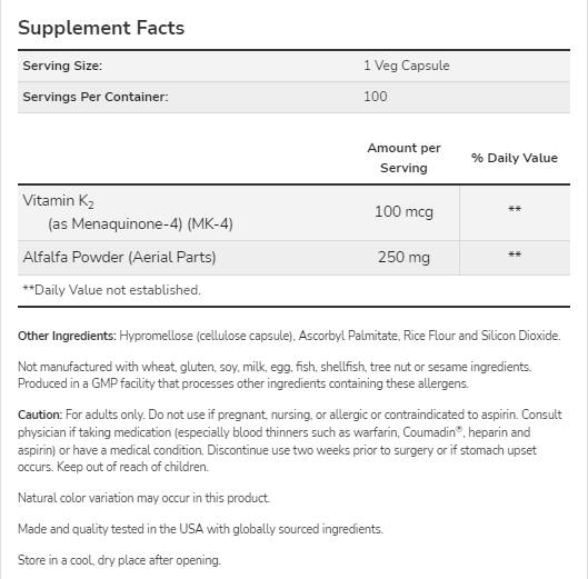 Vitamine K-2 100 MCG - 250 capsules