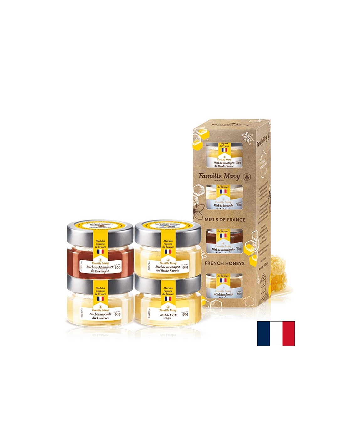 Sélection de miels d'abeilles de France - Miels de France, 4 pcs. x 60g
