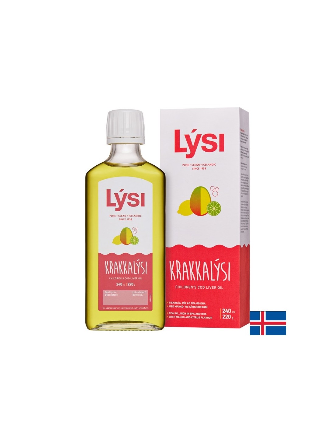 Oméga-3 pour les enfants et les adultes 2390 mg (huile de foie de morue islandaise), 240 ml, avec une saveur de mangue et d'agrumes