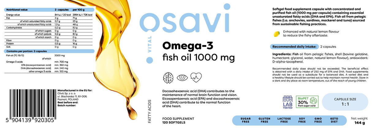 Omega 3 huile de poisson 1000 mg/saveur de citron - 120 capsules de gel