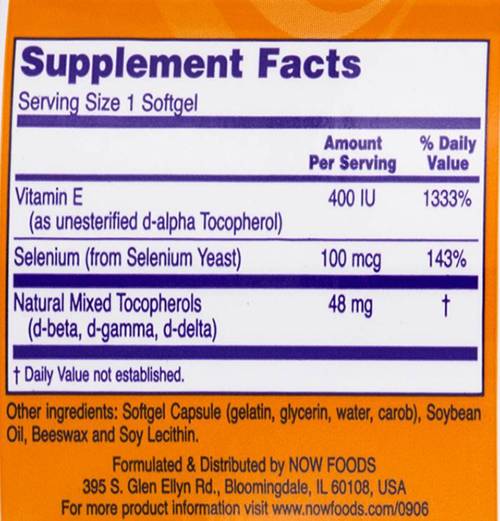 Vitamine E-400 + sélénium - 100 capsules de gel