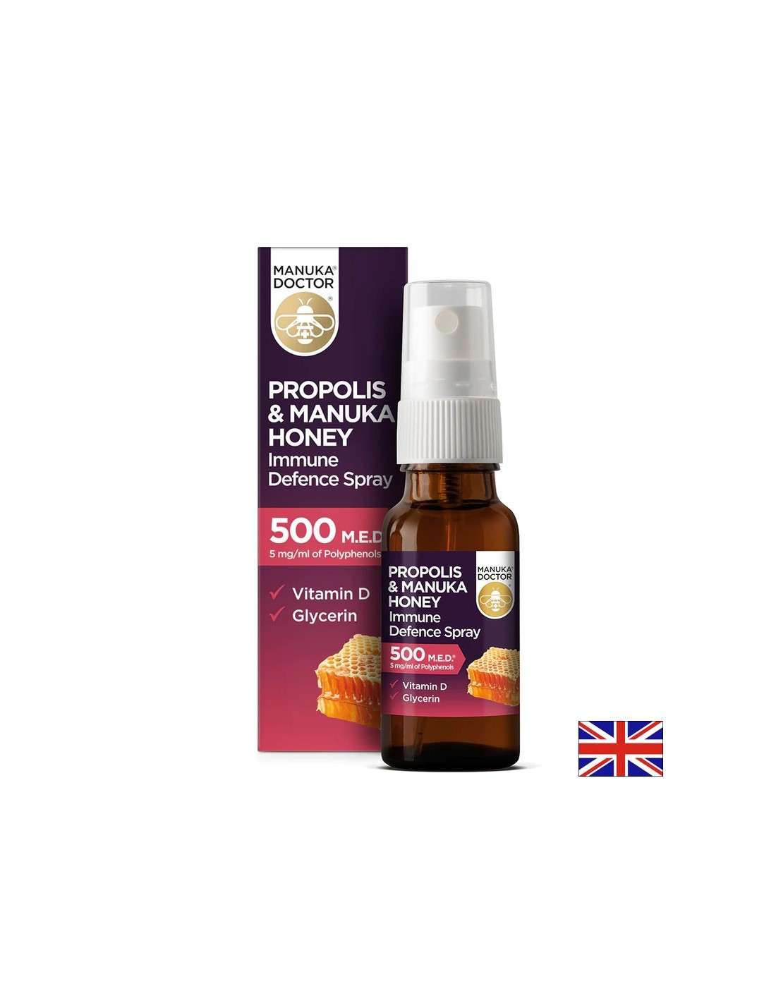 Propolis & Manuka Honey Spray de défense immunitaire/pulvérisation orale pour défense immunitaire avec propolis et miel manuka 500 Med, 20 ml