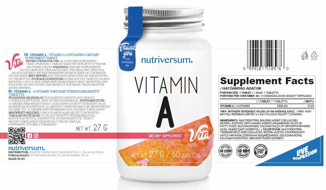 Vitamine A 2500 mcg - 30 comprimés