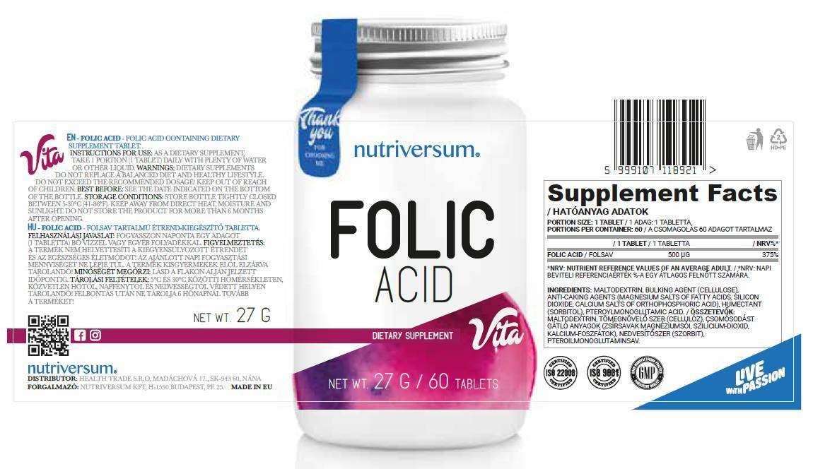 Acide folique 500 mcg - 30 comprimés