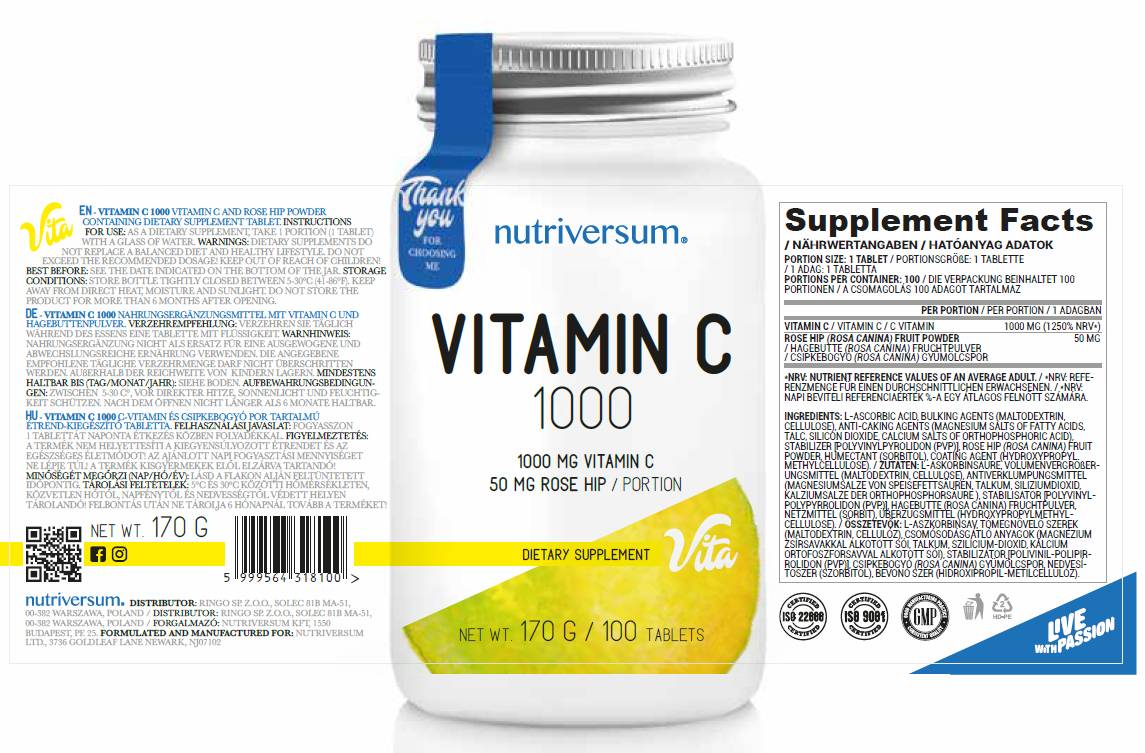 Vitamine C 1000 | avec des hanches de rose - 100 comprimés