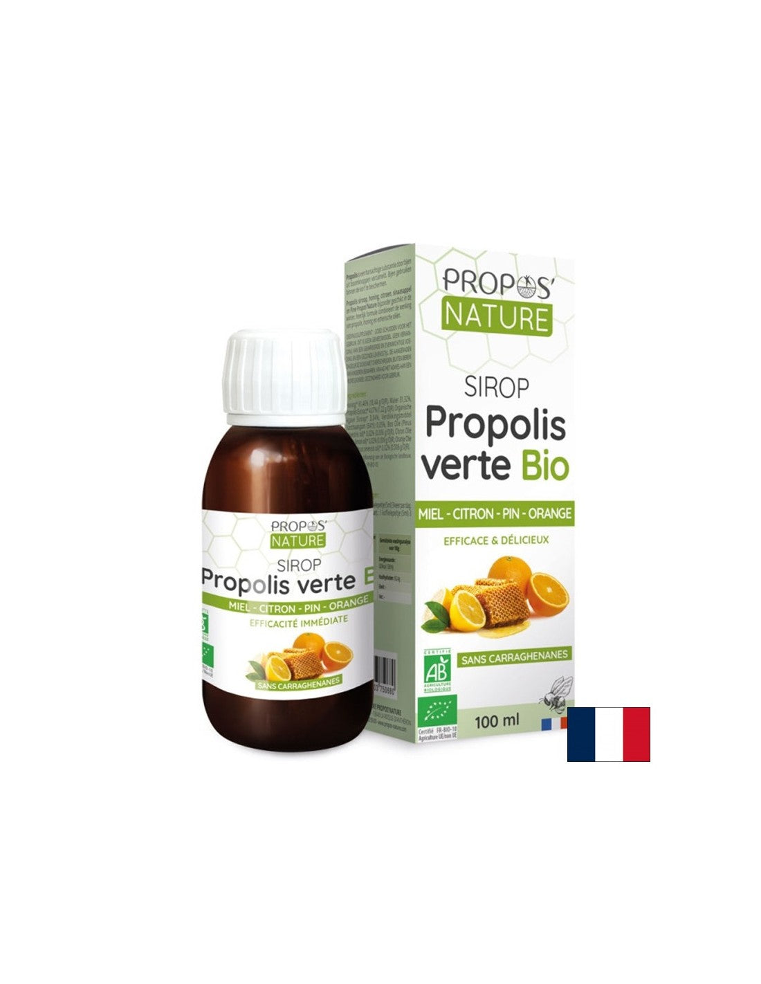 Sirop avec extrait de propolis, miel et huiles essentielles de pin maritime, de citron et d'orange, 100 ml