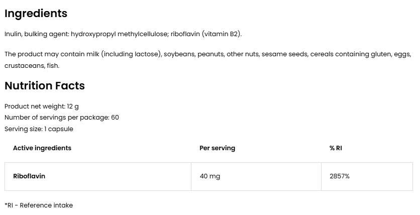Vitamine B2 Riboflavine 40 mg - 60 capsules