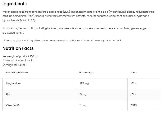 Magnésium + Zn + B6 Shot - 100 ml