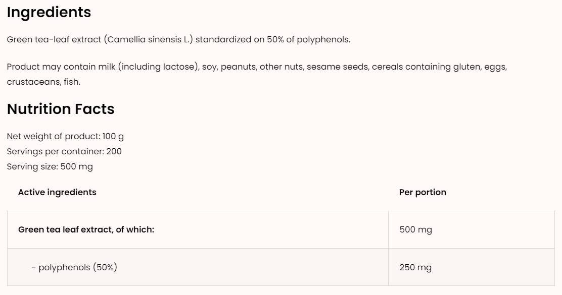 Extrait de thé vert/poudre de 100 grammes