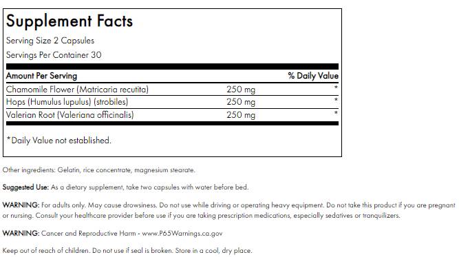 Spectre complet Valerian, camomille et capsules de houblon