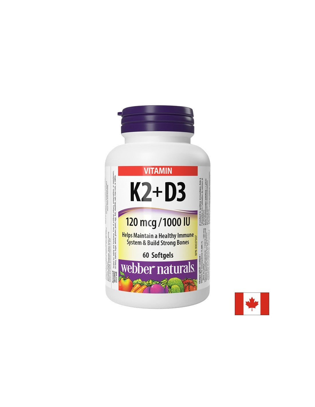 À l'appui des os et des dents - Vitamine K2 120 µg + D3 1000 UI/25 µg, 60 capsules softgel/60 doses