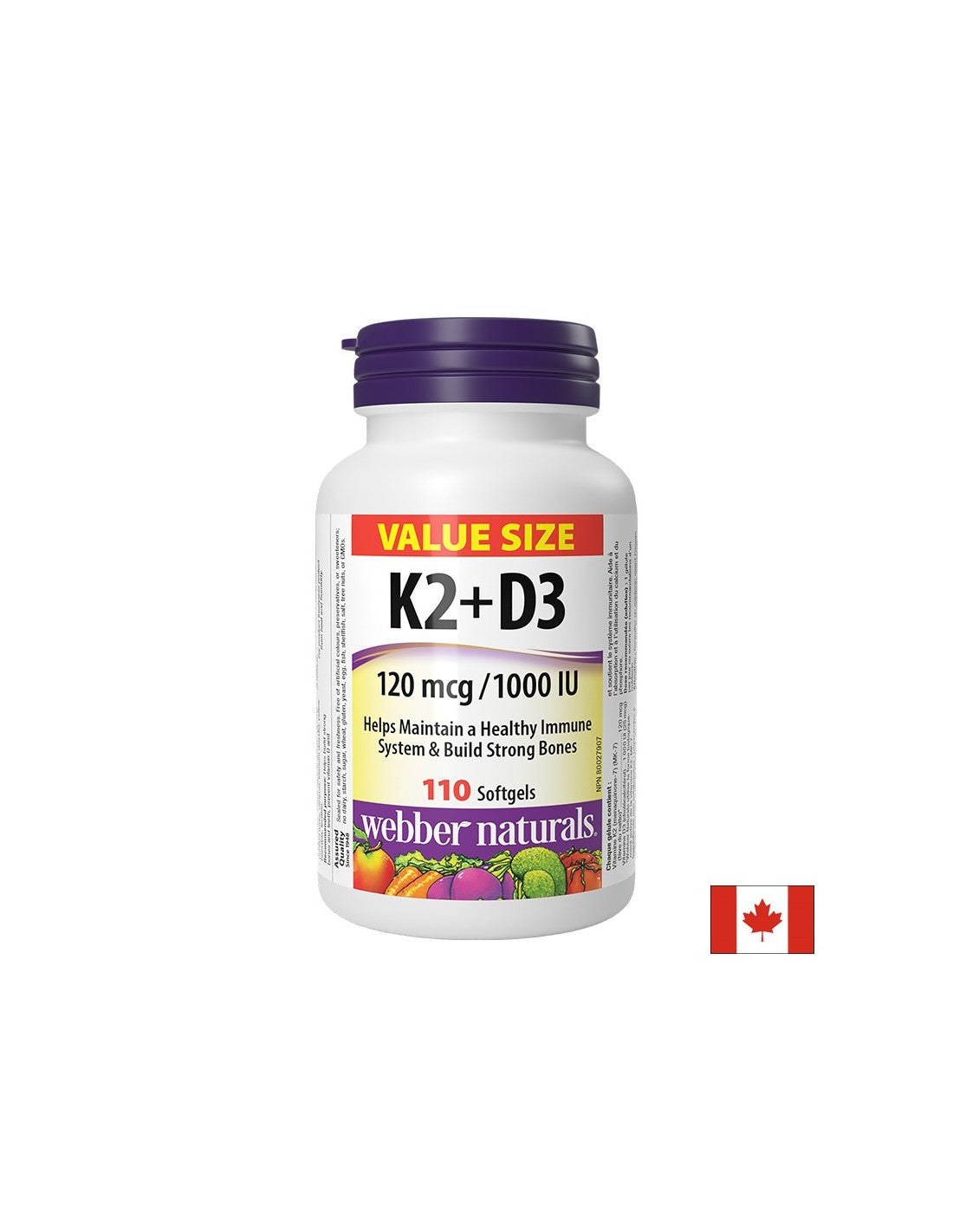 Pour soutenir les os et les dents - Vitamine K2 120 µg + D3 1000 UI 25 µg x 110 Capsules SoftGel/110 doses