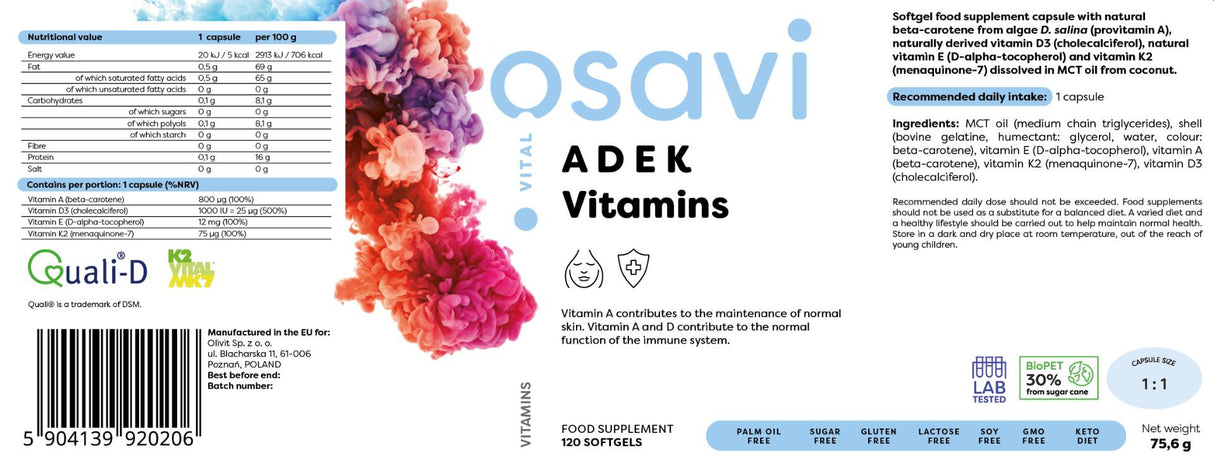 Adek Vitamines | A + D + E + K | avec des capsules de gel quali-d® - 120