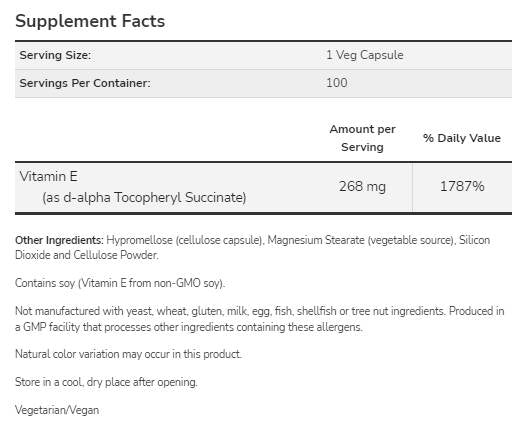 Vitamine E-400 D-alpha Tocopheryl | Dry végétarien - 100 capsules