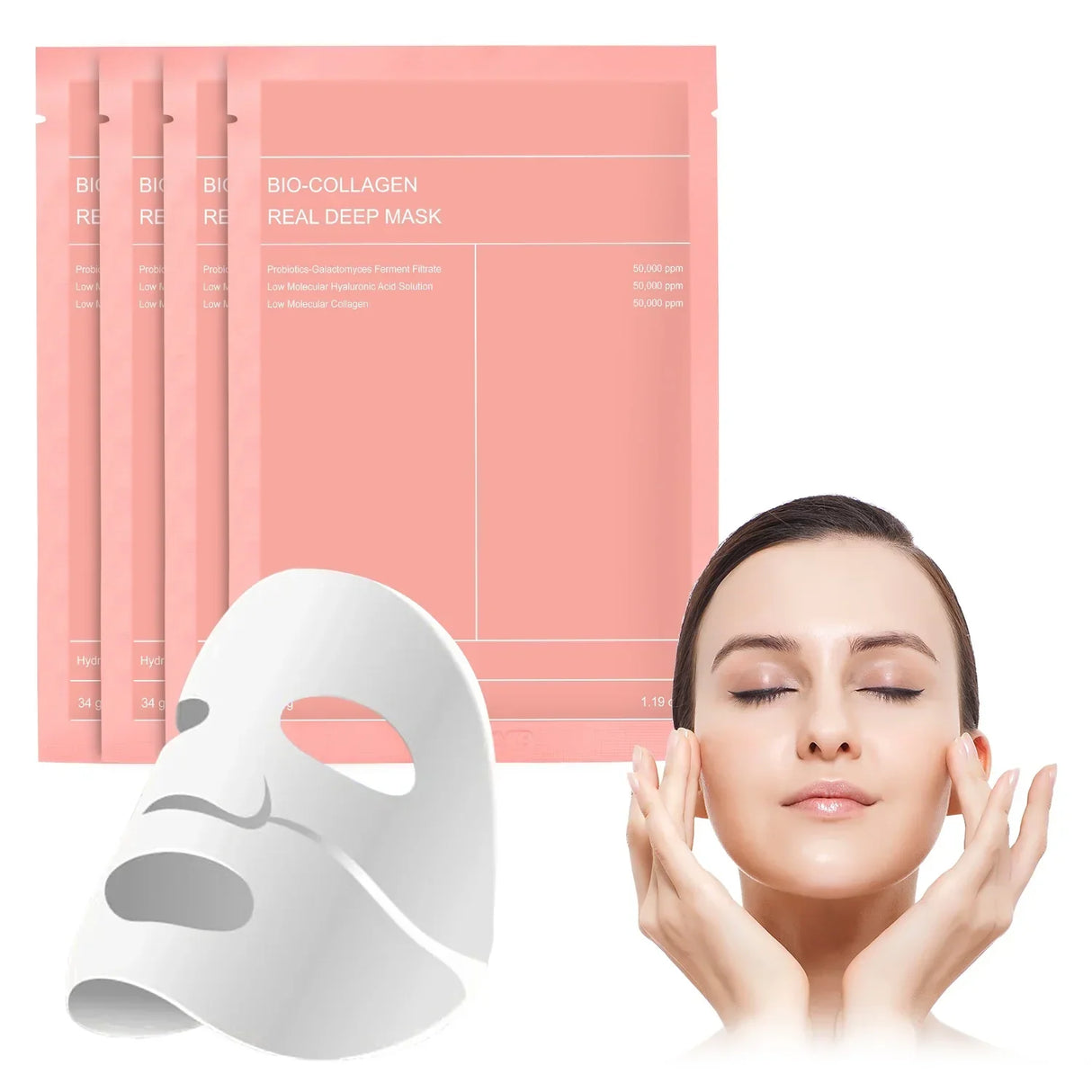 Masque facial coréen avec bio-collagène, acide hyaluronique, céramides et peptides - 1 boîte (4 pièces)