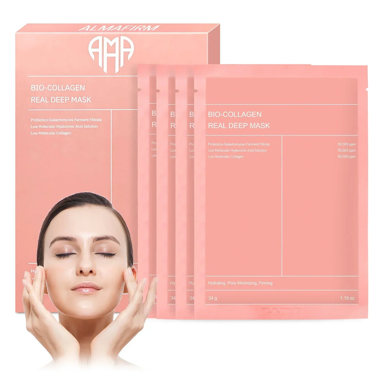 Masque facial coréen avec bio-collagène, acide hyaluronique, céramides et peptides - 1 boîte (4 pièces)