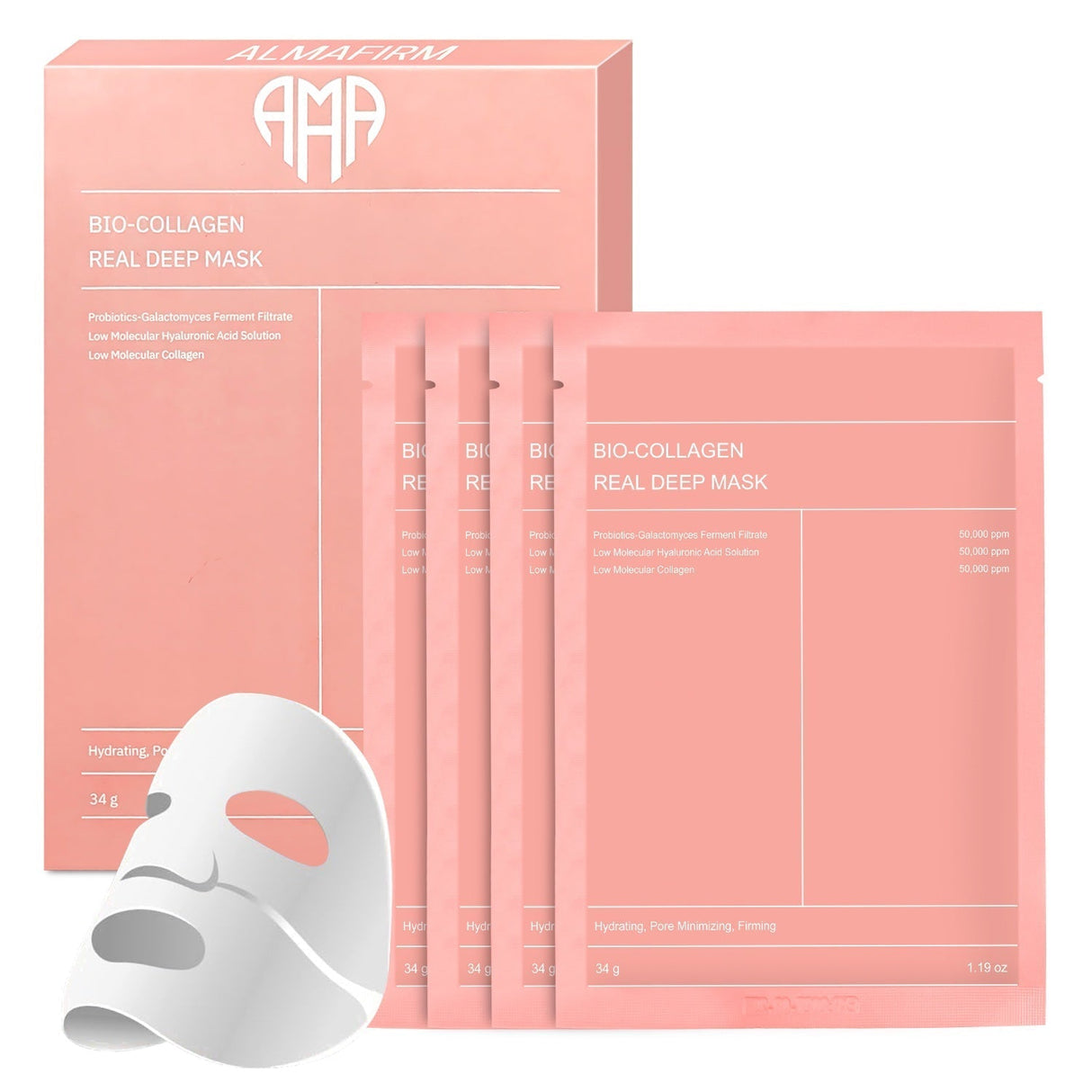 Masque facial coréen avec bio-collagène, acide hyaluronique, céramides et peptides - 1 boîte (4 pièces)