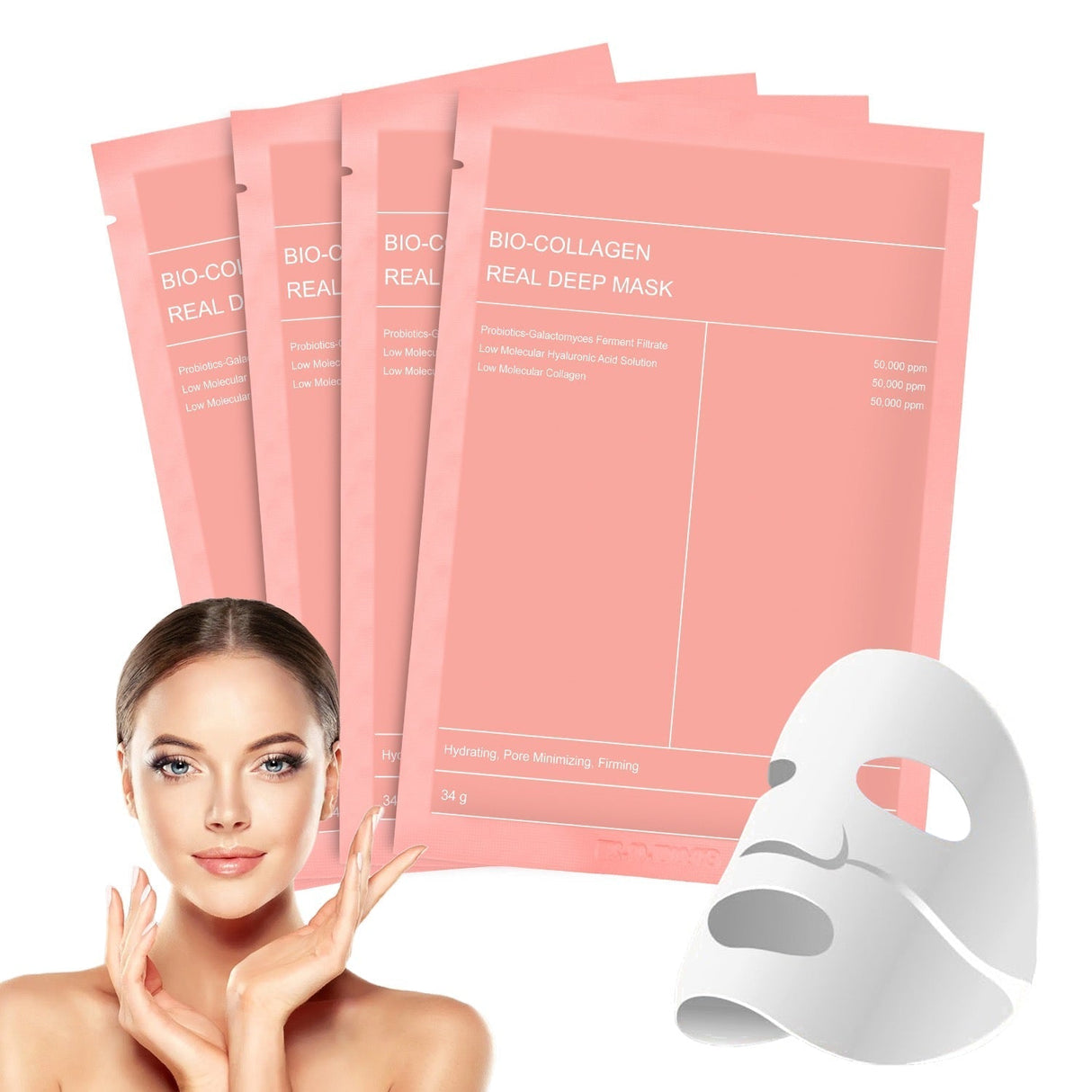 Masque facial coréen avec bio-collagène, acide hyaluronique, céramides et peptides - 1 boîte (4 pièces)