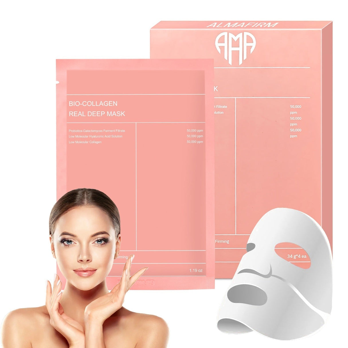 Masque facial coréen avec bio-collagène, acide hyaluronique, céramides et peptides - 1 boîte (4 pièces)