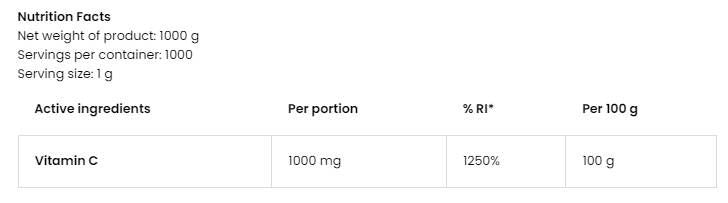 100% de poudre de vitamine C - 500 grammes