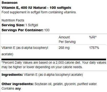 Vitamine E 400 UI Natural 100 Capsules de gel