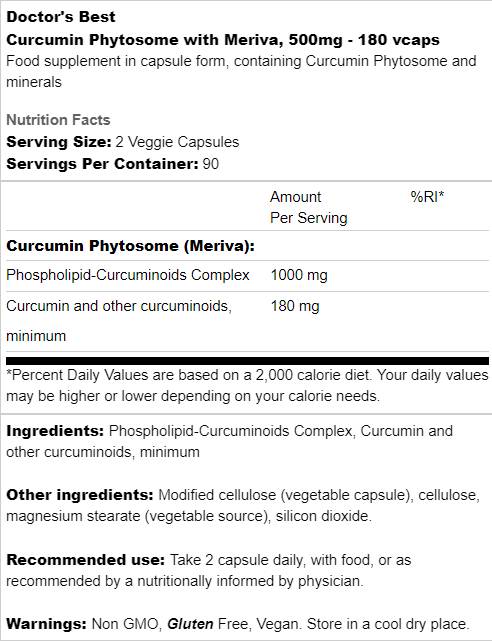 Meilleur phytosome de curcumine 500 mg/avec Meriva - 180 capsules