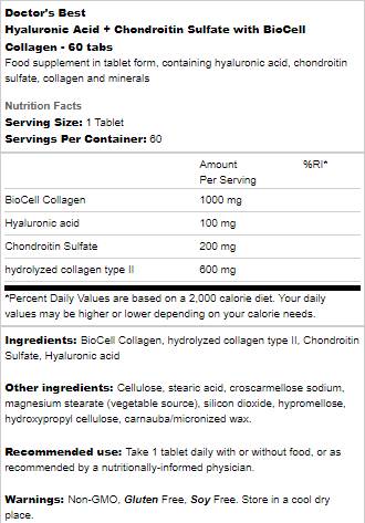 Meilleur acide hyaluronique + sulfate de chondroïtine/avec collagène biocell - 60 comprimés