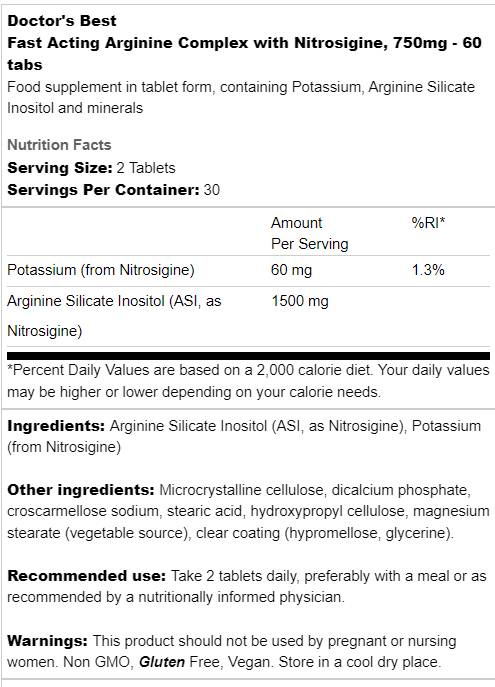 Complexe d'arginine à action rapide | Avec nitrosigine 750 mg - 60 comprimés
