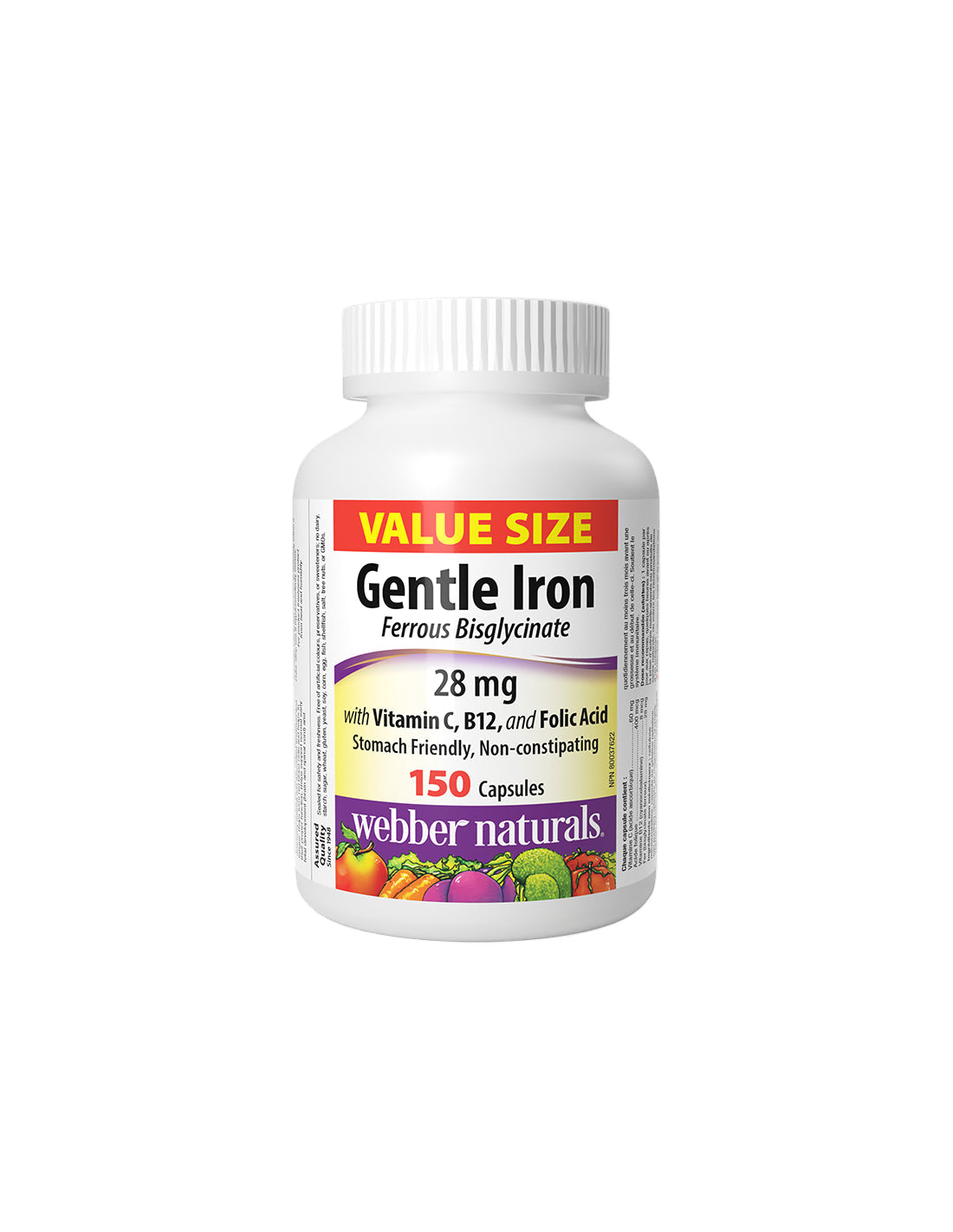 Anémie - Fer (bisglycinate ferreuse avec de la vitamine C, B12 et de l'acide folique), 150 V Capsules