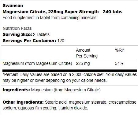 Citrate de magnésium super résistant 225 mg 240 comprimés