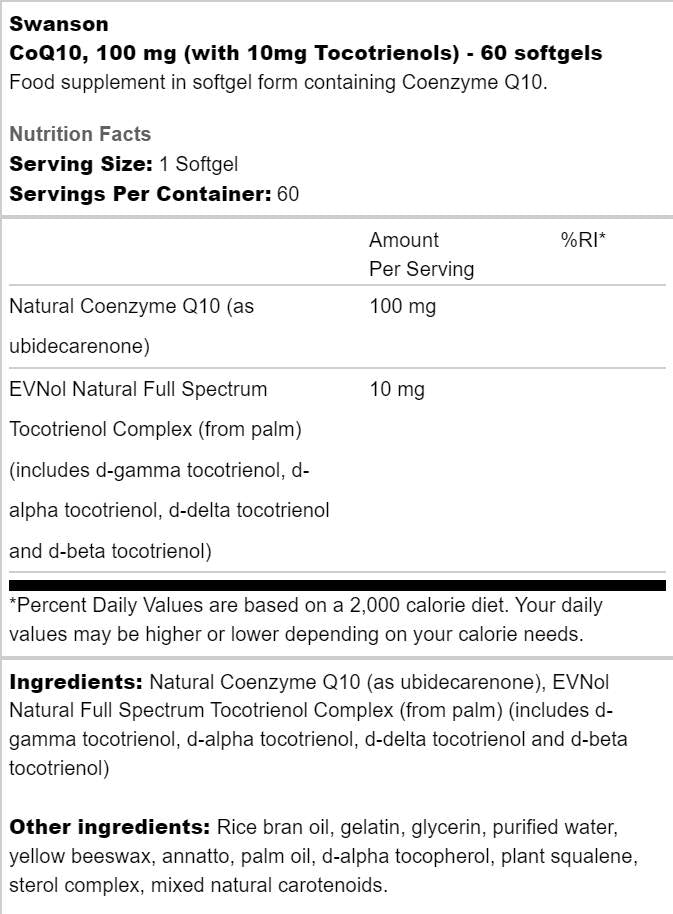COQ10 100mg | Avec 10 mg de capsules de gel tocotrienols 60