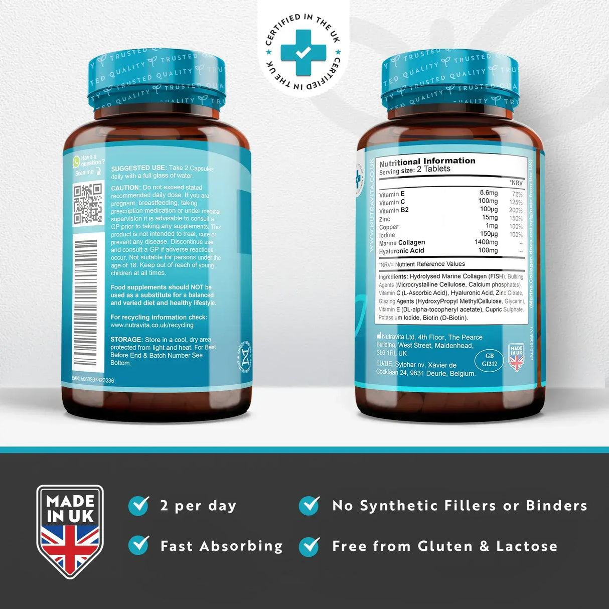 Collagène de poisson 1400 mg avec de l'acide hyaluronique 100 mg 120 comprimés