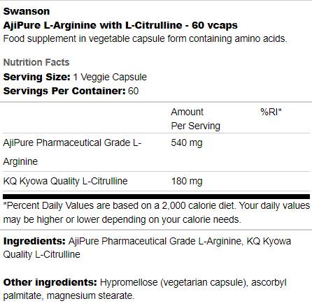 Ajipure L-Arginine avec des capsules L-Citrulline 60