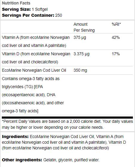 Huile de foie de morue norvégienne 350 mg 250 capsules de gel