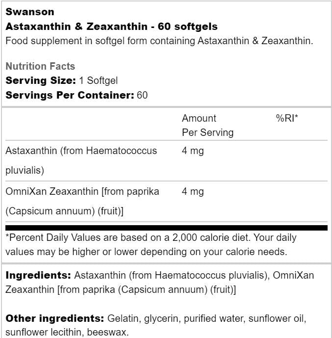 Astaxanthine et zéaxanthine 60 capsules de gel