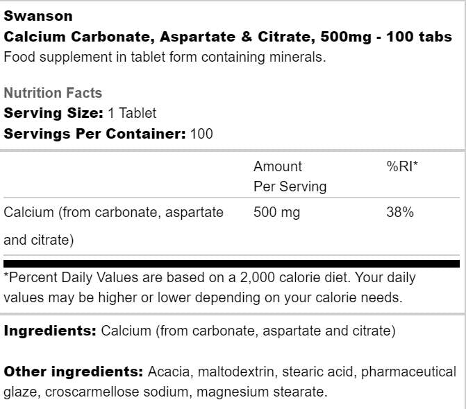 Complexe de calcium 500 mg | Carbonate, aspartate et citrate 100 comprimés