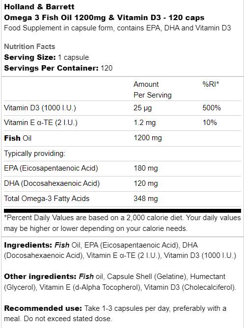 Omega 3 huile de poisson 1200 mg et vitamine D3 - 120 capsules de gel