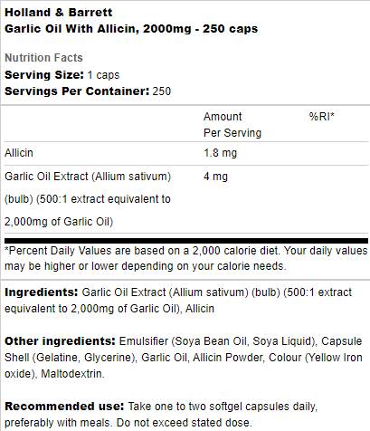 Huile d'ail avec de l'allicine 2000 mg - 250 capsules