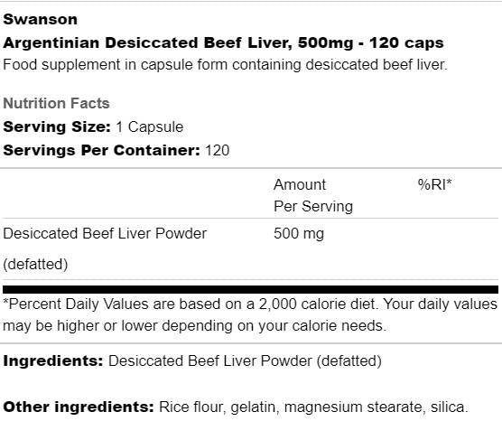 Argentin de foie de bœuf desséché 500 mg 120 capsules
