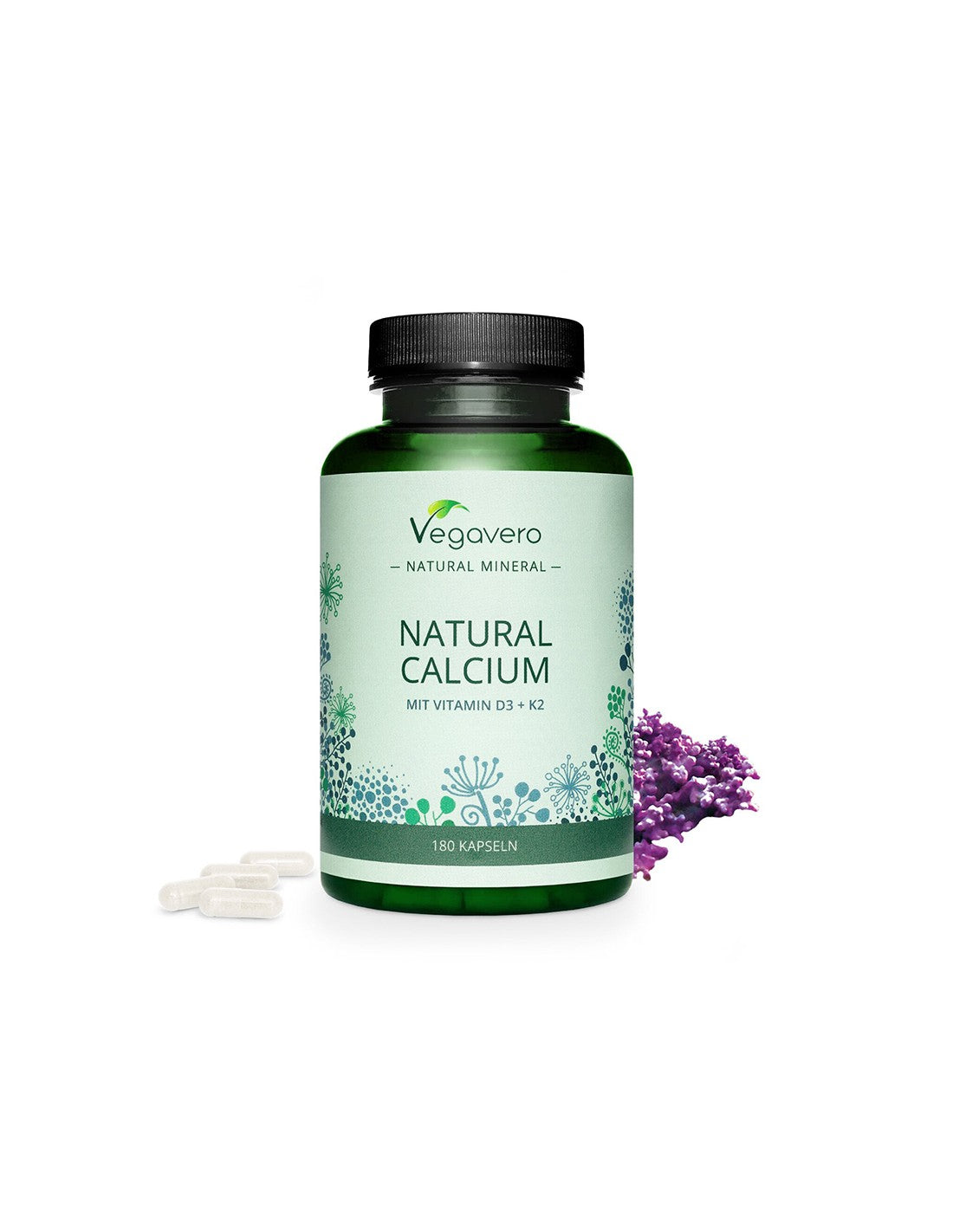 Calcium naturel avec vitamine D + K2 - os et dents sains, 180 capsules <tc>Vegavero</tc>