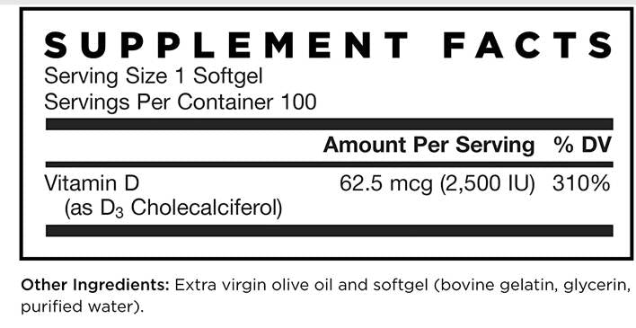 Vitamine D3 2500 IU 100 capsules de gel