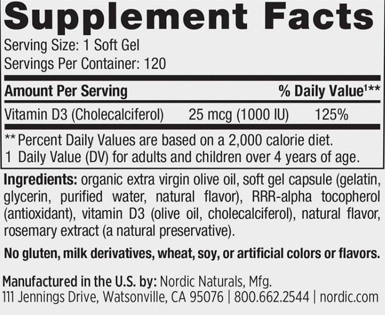 Vitamine D3 1000 UI - 120 capsules de gel