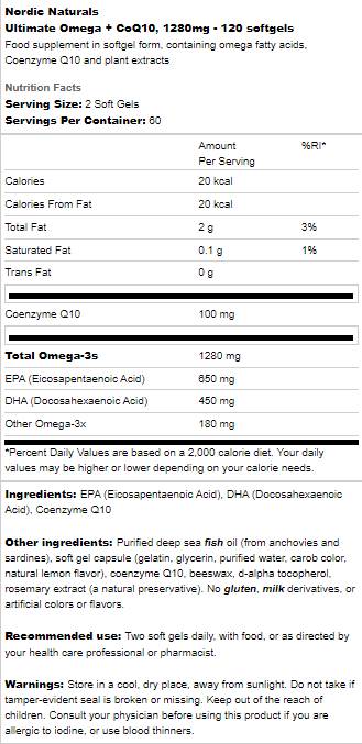 Omega ultime 1280 mg + COQ10 - 60 capsules de gel