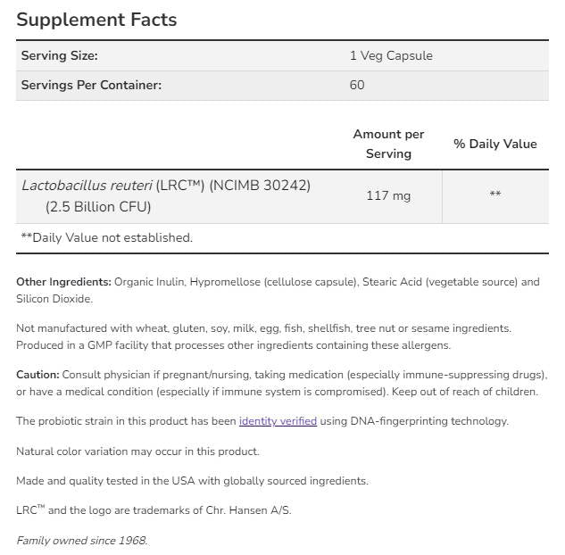 Probiotique de santé cardiaque clinique | Lactobacillus Reuteri LRC ™ 2,5 milliards - 60 capsules