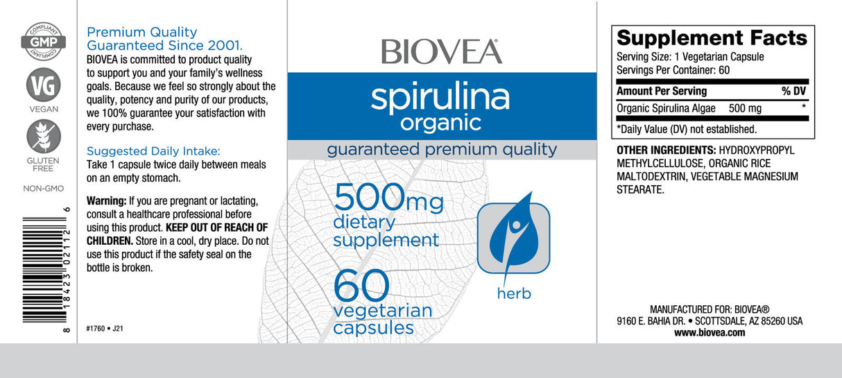Spiruline organique 500 mg/60 Caps