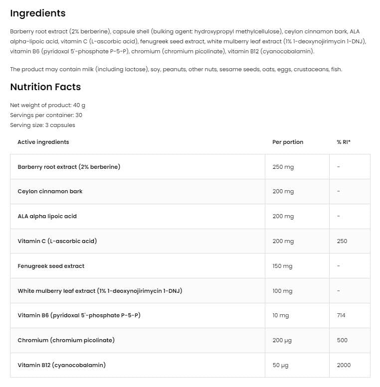 Aide au système de glucose | avec de la berbérine, de l'acide alpha lipoïque, de la cannelle et des capsules Mulberry 90