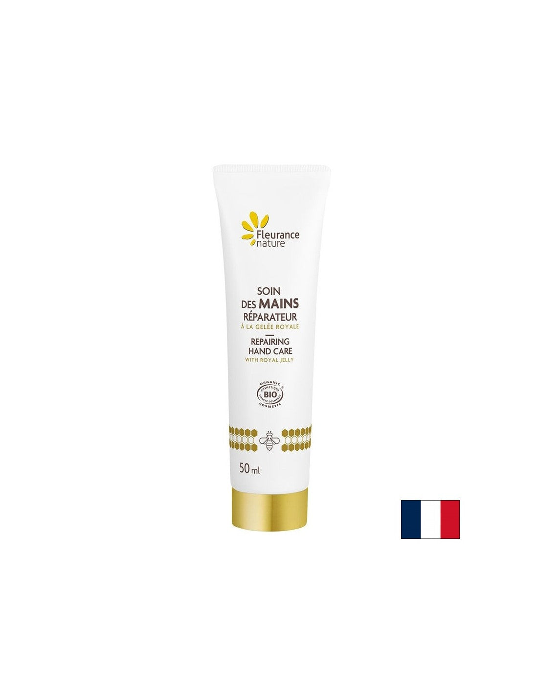 Crème de main réparatrice avec gelée royale et amande sucrée, avocat, rose, enjures, huiles de karité et d'argan, 50 ml de la nature floue