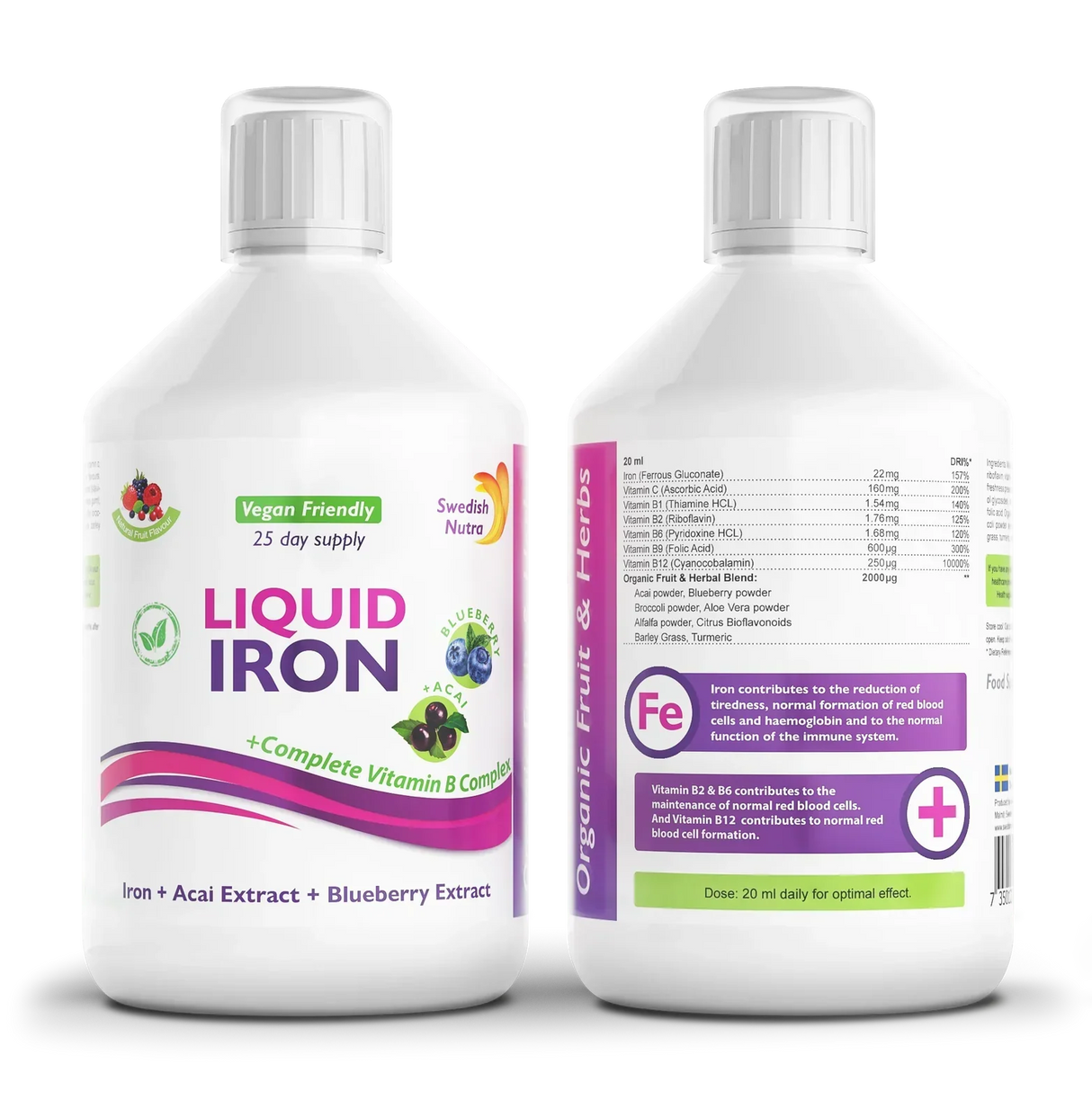 Fer avec complexe B et fruits biologiques et herbe extrait 500 ml/végétalien /